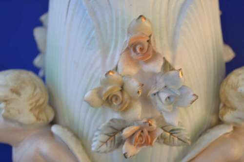 Vintage Bisque Porcelain Three Cherub and Floral Vase