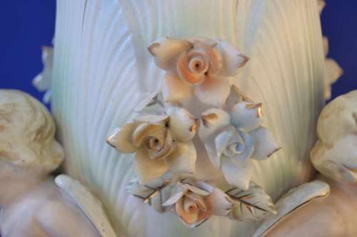 Vintage Bisque Porcelain Three Cherub and Floral Vase