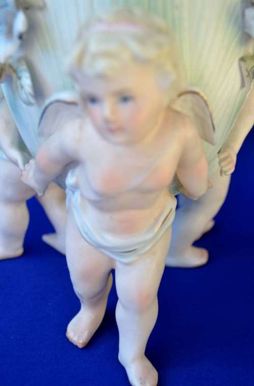 Vintage Bisque Porcelain Three Cherub and Floral Vase