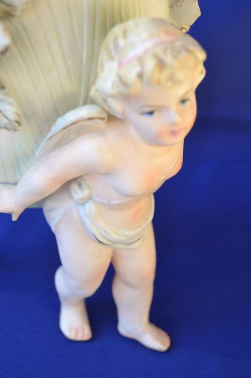 Vintage Bisque Porcelain Three Cherub and Floral Vase
