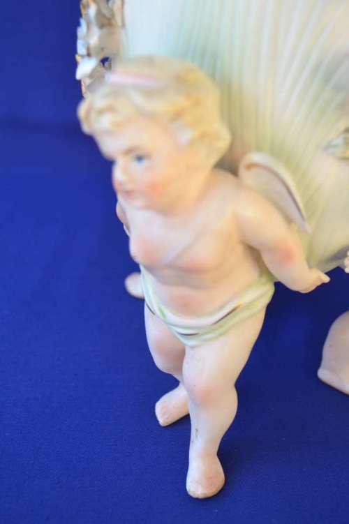 Vintage Bisque Porcelain Three Cherub and Floral Vase