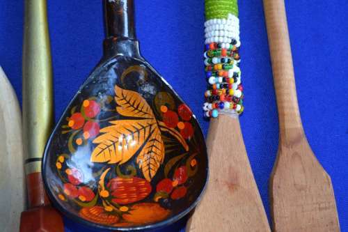 Assorted Wooden Decorative Spoons and Forks  - Six Pieces