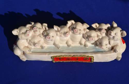 Chinese Ornament - 10 Pigs at Water Trough