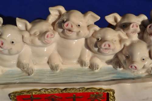 Chinese Ornament - 10 Pigs at Water Trough