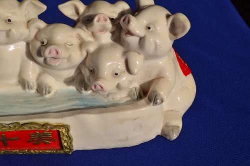 Chinese Ornament - 10 Pigs at Water Trough