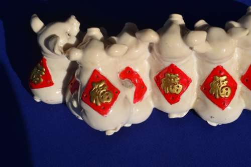 Chinese Ornament - 10 Pigs at Water Trough