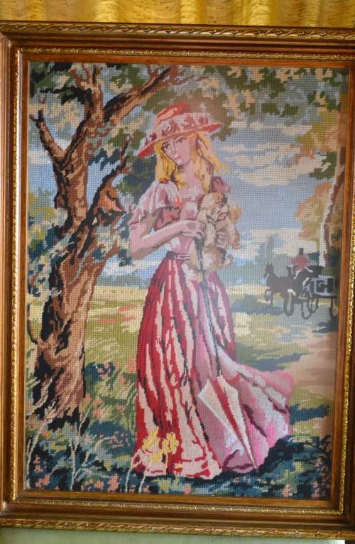 Vintage Tapestry with Ornate Wooden Frame - Behind Glass