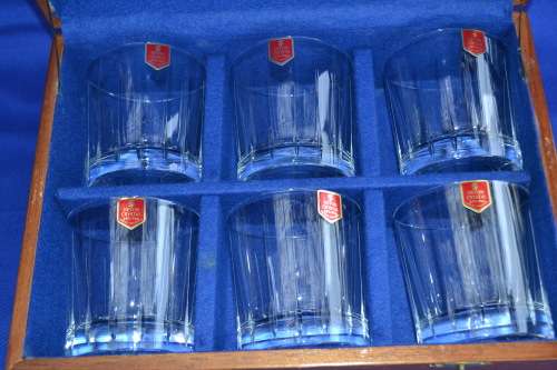 Set of Six Hand Cut Devon Crystal Glasses in Wooden Presentation Box
