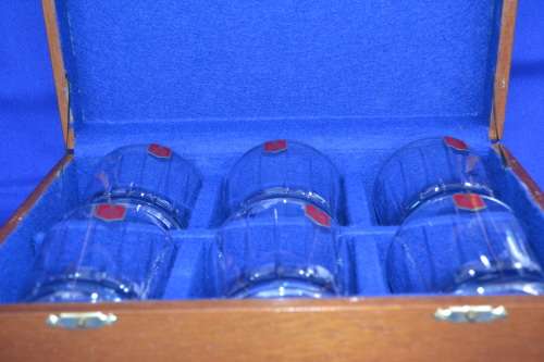 Set of Six Hand Cut Devon Crystal Glasses in Wooden Presentation Box