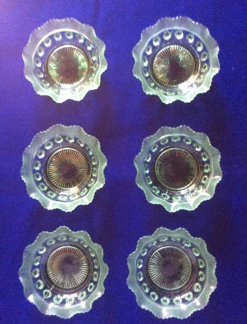 Vintage Davidson Art Deco `Blackberry Prunt` Light Green Pressed Glass Dessert Serving Set - 7 Piece