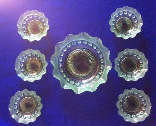 Vintage Davidson Art Deco `Blackberry Prunt` Light Green Pressed Glass Dessert Serving Set - 7 Piece