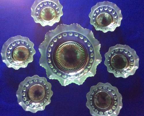 Vintage Davidson Art Deco `Blackberry Prunt` Light Green Pressed Glass Dessert Serving Set - 7 Piece