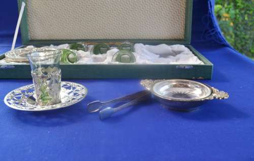 Vintage Boxed Silver Plated  Turkish Tea Set