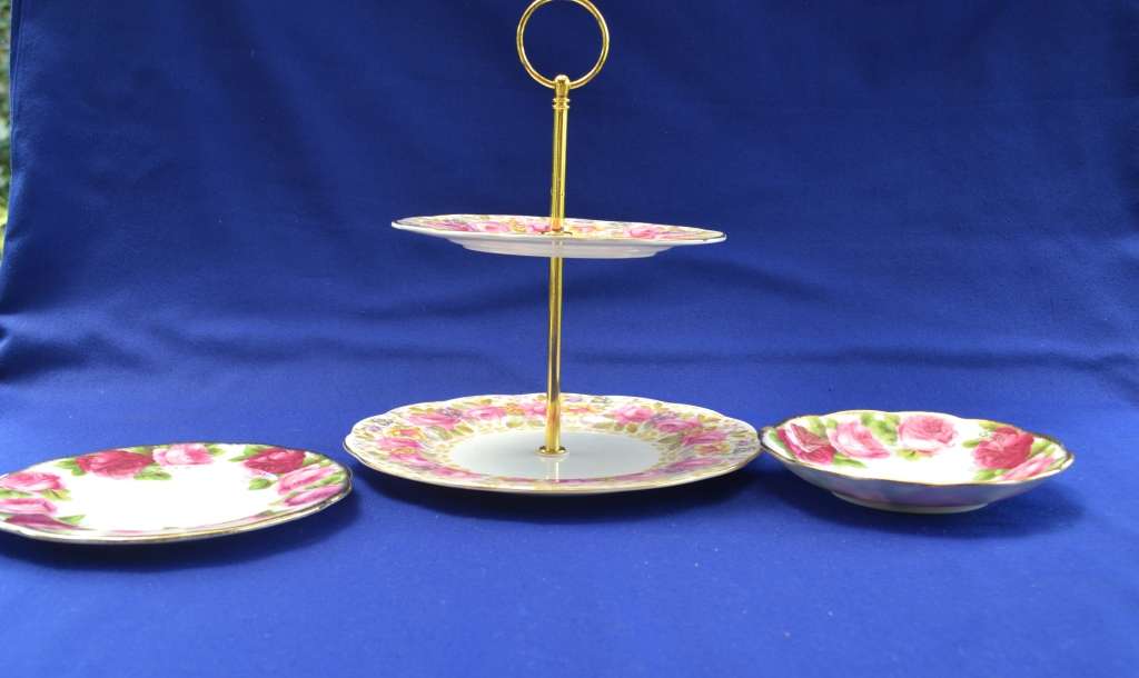 Royal Albert Serena Two Tier Cake Stand with  Old English Rose Saucer and Side Plate