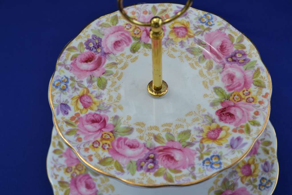 Royal Albert Serena Two Tier Cake Stand with  Old English Rose Saucer and Side Plate