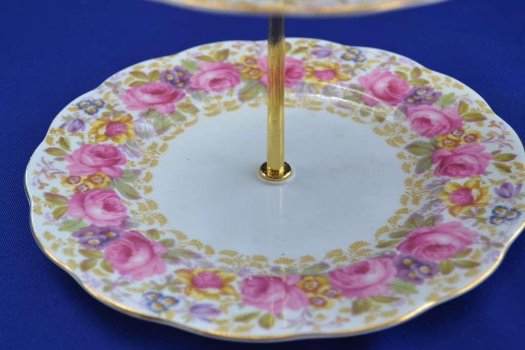 Royal Albert Serena Two Tier Cake Stand with  Old English Rose Saucer and Side Plate