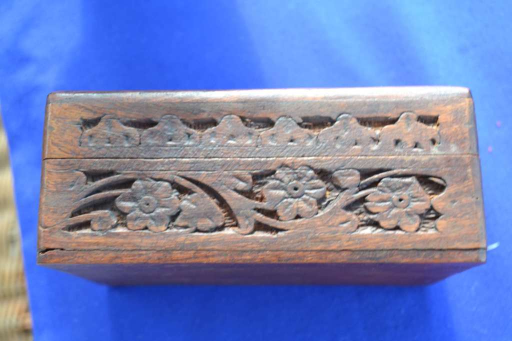 Hand Carved Wooden Trinket Box with Bone Inlay