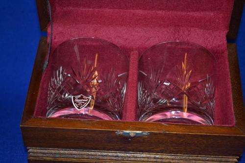 Two Crystal Whiskey Glasses in a Fine Wooded Box