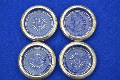 Four Vintage Glass Coasters with Silver Plate Rim