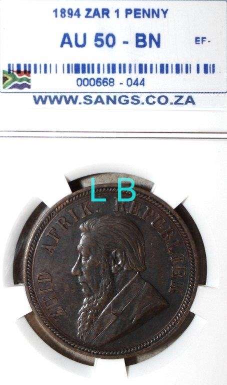 1894 SANGS ZAR 1 Penny AU 50 BN - Catalogue Value R2250.00