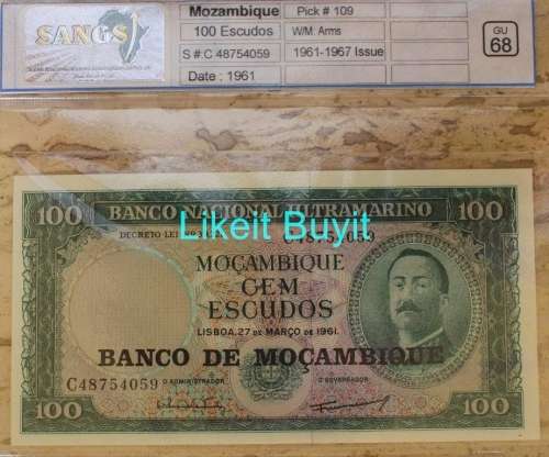 1961 SANGS Graded Mozambique 100 Escudos in A Perfect GEM UNC 68