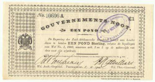 **1 Pound Gouverments Noot with Cancellation Stamp**Pietersburg [See Description]