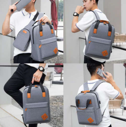 Handbag Crossbody Bag Laptop Backpack With External USB Port - Set of 3-Black