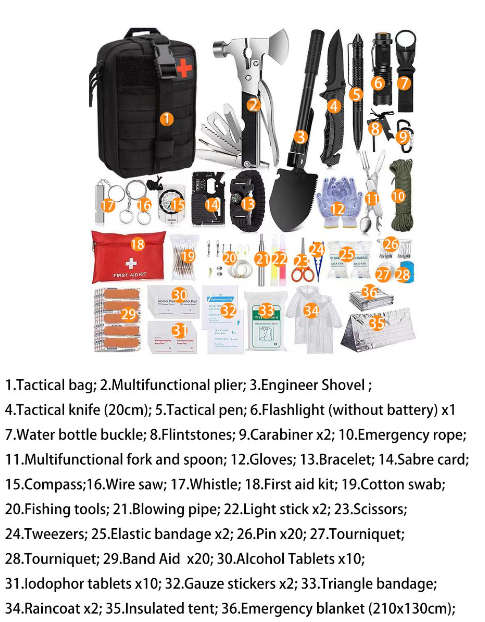 Tactical Survival Multi-Function Kit - 36 in 1 - Black-Camouflage Bag