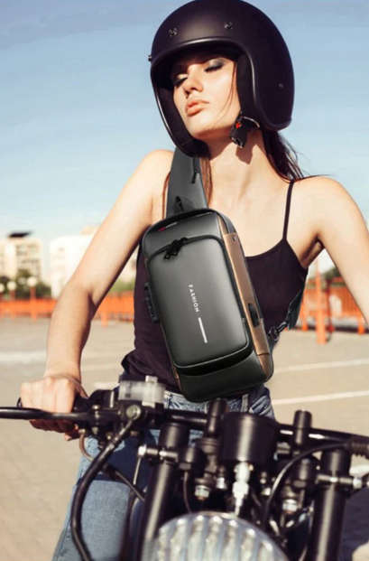 Anti-Theft Lock Sling Chest Bag Shoulder Crossbody With USB Port Black Brown