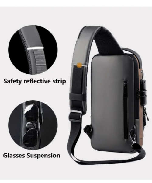 Anti-Theft Lock Sling Chest Bag Shoulder Crossbody With USB Port Black Brown