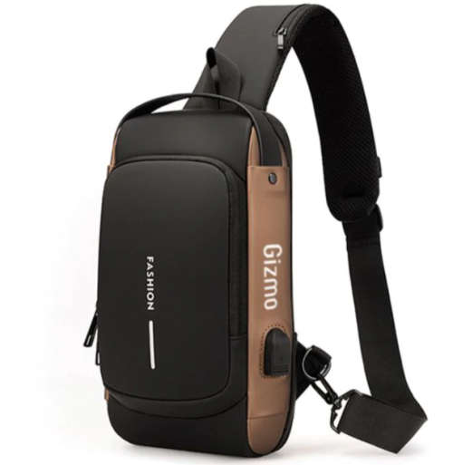 Anti-Theft Lock Sling Chest Bag Shoulder Crossbody With USB Port Black Brown