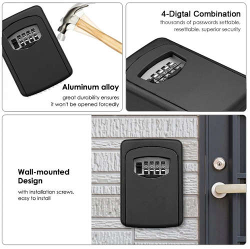 Wall Mounted Key Safe Storage Lock Box With 4-Digit Password - Black