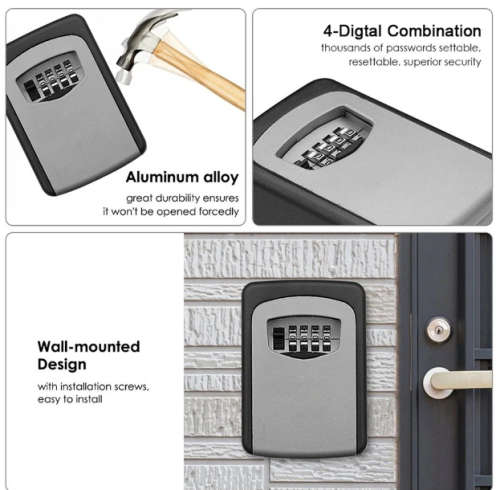 Wall Mounted Key Safe Storage Lock Box With 4-Digit Password - Silver