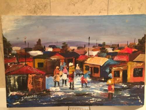 FREE SHIPPING IN SA!! JOE MASEKO ORIGINAL PAINTING TITLED "PIMVILLE SHOPPING CENTRE AND MARKET" 1987