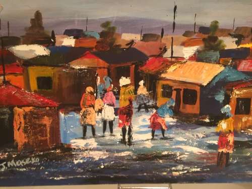FREE SHIPPING IN SA!! JOE MASEKO ORIGINAL PAINTING TITLED "PIMVILLE SHOPPING CENTRE AND MARKET" 1987