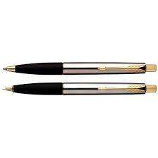 PARKER FRONTIER BALL POINT PEN AND PENCIL SET IN SILVER WITH GOLD TRIM IN AS NEW CONDITION IN CASE