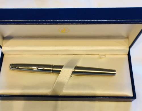 WATERMAN BRUSHED CHROME HEMISPHERE FOUNTAIN PEN WITH GRAVURE DETAIL ON NIB,  IN BOX