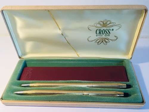 CROSS 1/20 10 KARAT GOLD FILLED CLIPLESS PEN & PENCIL SET IN ORIGINAL BOX WITH LEATHER CARRY CASE