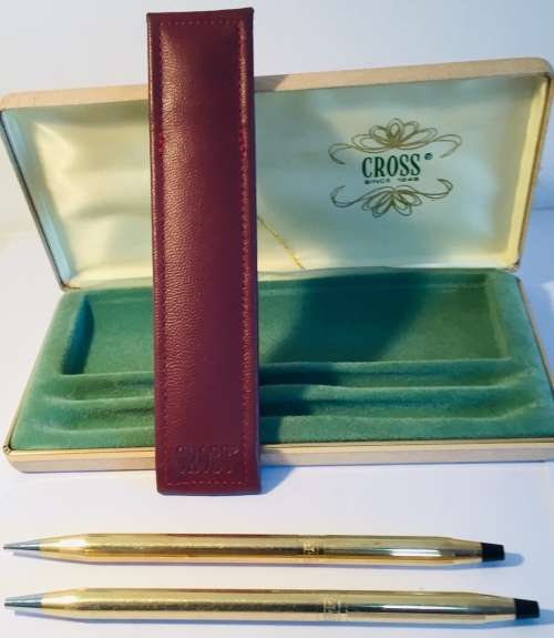 CROSS 1/20 10 KARAT GOLD FILLED CLIPLESS PEN & PENCIL SET IN ORIGINAL BOX WITH LEATHER CARRY CASE