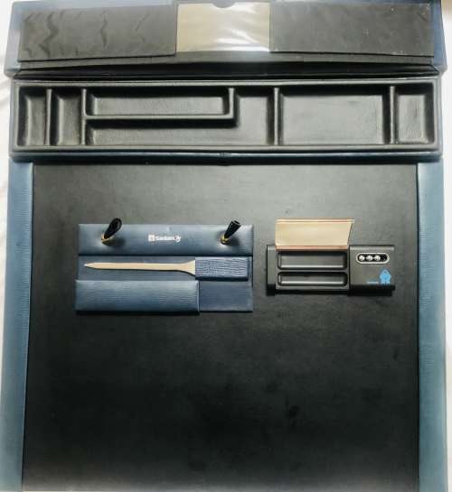 MATCHING LEATHER BLUE DESKTOP SET WITH SANLAM BRANDING: STATIONERY CONTAINERS & LETTER OPENER