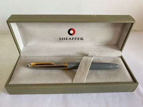 SHEAFFER FOUNTAIN PEN WITH 14K GOLD NIB WHITE DOT SILVER AND GREY WITH GOLD TRIM IN ORIGINAL BOX