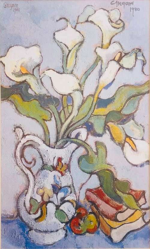 SIGNED!! GREGOIRE BOONZAIER `ARUMS, WHITE JUG AND BOOKS` PRINT