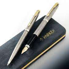 PARKER CISELE 75 FOUNTAIN PEN WITH 14k GOLD NIB AND BALLPOINT PEN - BOTH IN STERLING SILVER - IN BOX