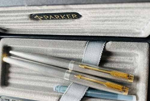 PARKER CISELE 75 FOUNTAIN PEN WITH 14k GOLD NIB AND BALLPOINT PEN - BOTH IN STERLING SILVER - IN BOX