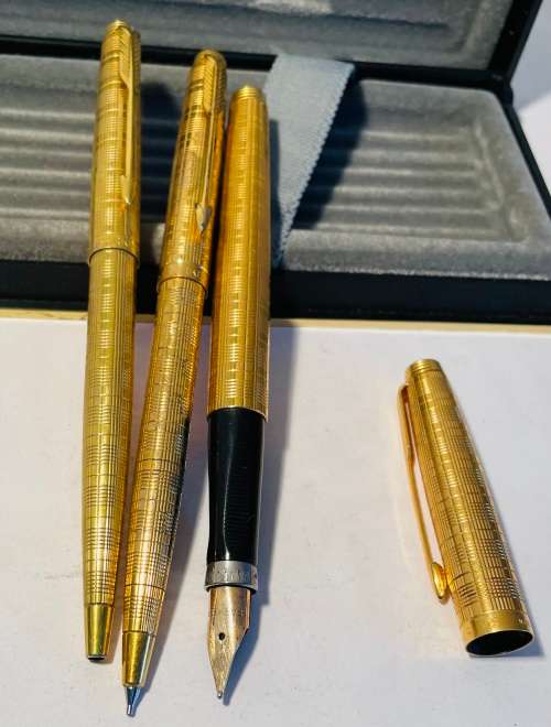 PARKER 75 PLACE VENDOME PRINCE DE GALLES FOUNTAIN PEN WITH 14K NIB+BALLPOINT PEN+PENCIL-BOXED