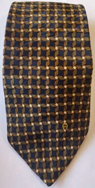 ORIGINAL ETIENNE AIGNER MENS PURE SILK HANDMADE TIE WITH BROWN AND NAVY PATTERN