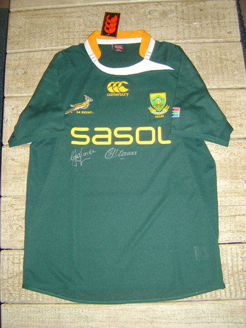 Springbok 2010 Rugby Replica Jersey signed by CJ vd Linde & Adriaan Srauss
