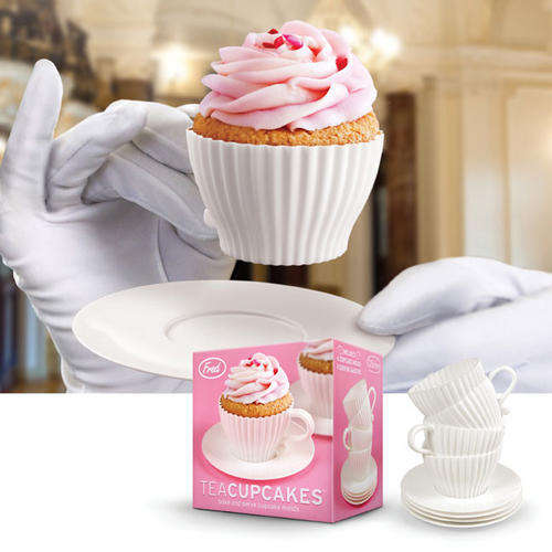 BAKE AND SERVE CUPCAKE SILICON MOLDS - WITH 4 CUPS AND SAUCERS