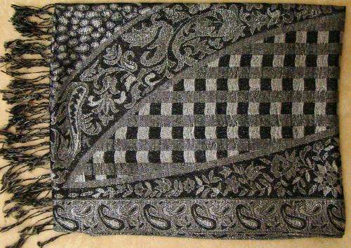 BLACK, GREY & SILVER 100% PASHMINA SILK SHAWL