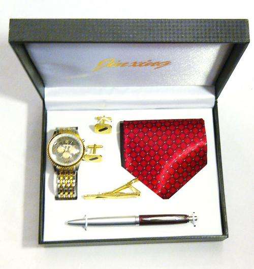 5 PIECE RED GIFT SET CONSISTING OF WATCH, CUFFLINKS, TIE PIN, TIE AND MATCHING PEN
